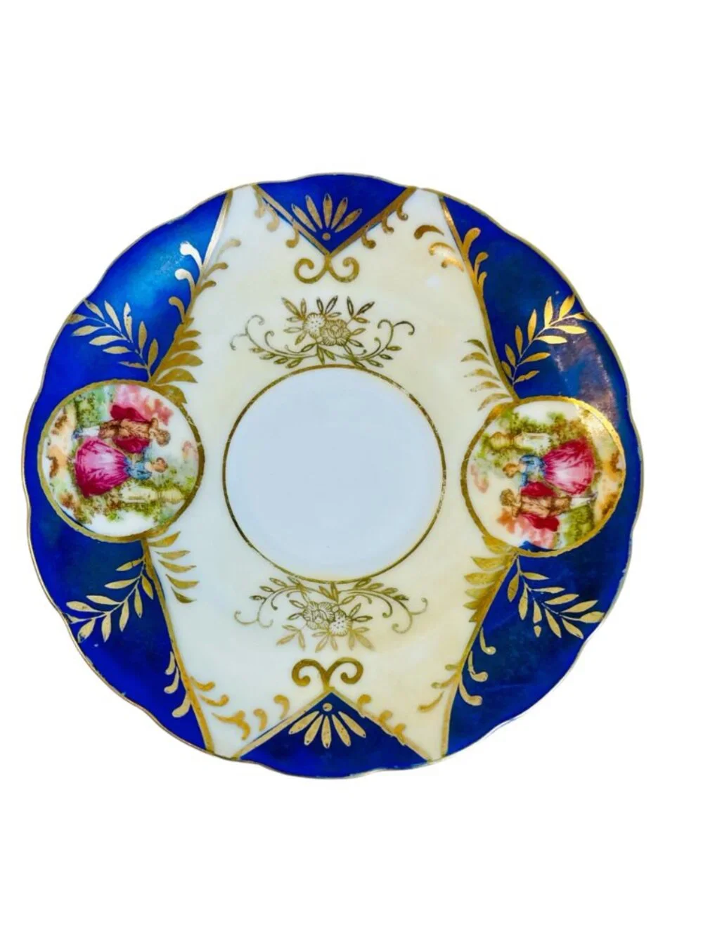 Vintage Cobalt Blue and Gold Teacup Saucer Set Courting Couple Fragonard Style